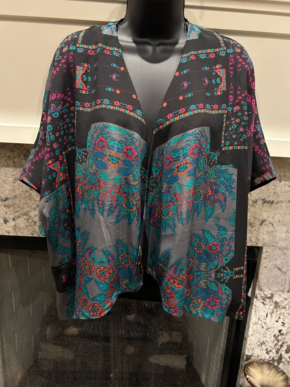 Boho Floral Open-Front Kimono - Teal & Black